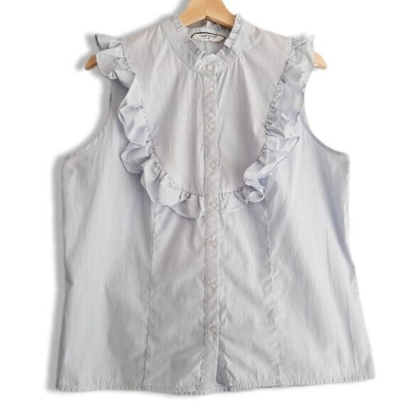 NAF NAF France Ruffle Bib Collar Sleeveless Button Down Stripped Blouse Sz L - Picture 1 of 11